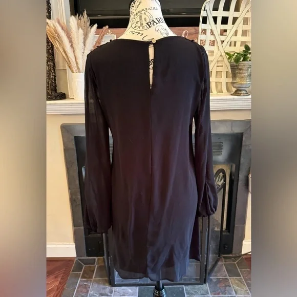 Little Black Dress Long Sheer Sleeves Open Arms Embroidered Front Women’s Large - Picture 6 of 7